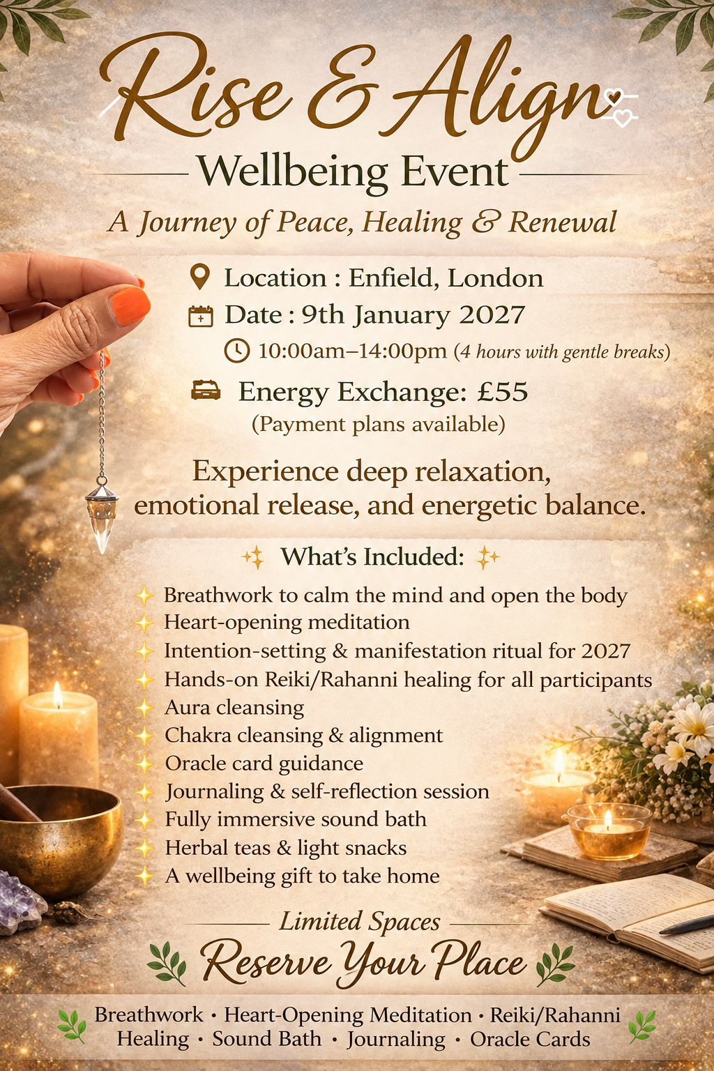 Rise & Align wellbeing event poster for Enfield, hosted by Dahni’s Energy Healing