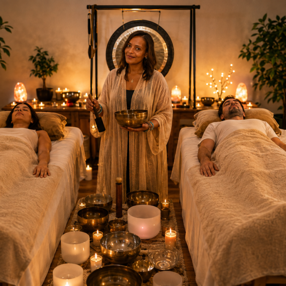 This image shows Dahni standing with a sound bowl in her hand, in the middle of two therapy couches with clients receiving Reiki and Sound healing.