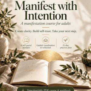 Manifest with intention manifestation course for adults, with an open journal and gold pen